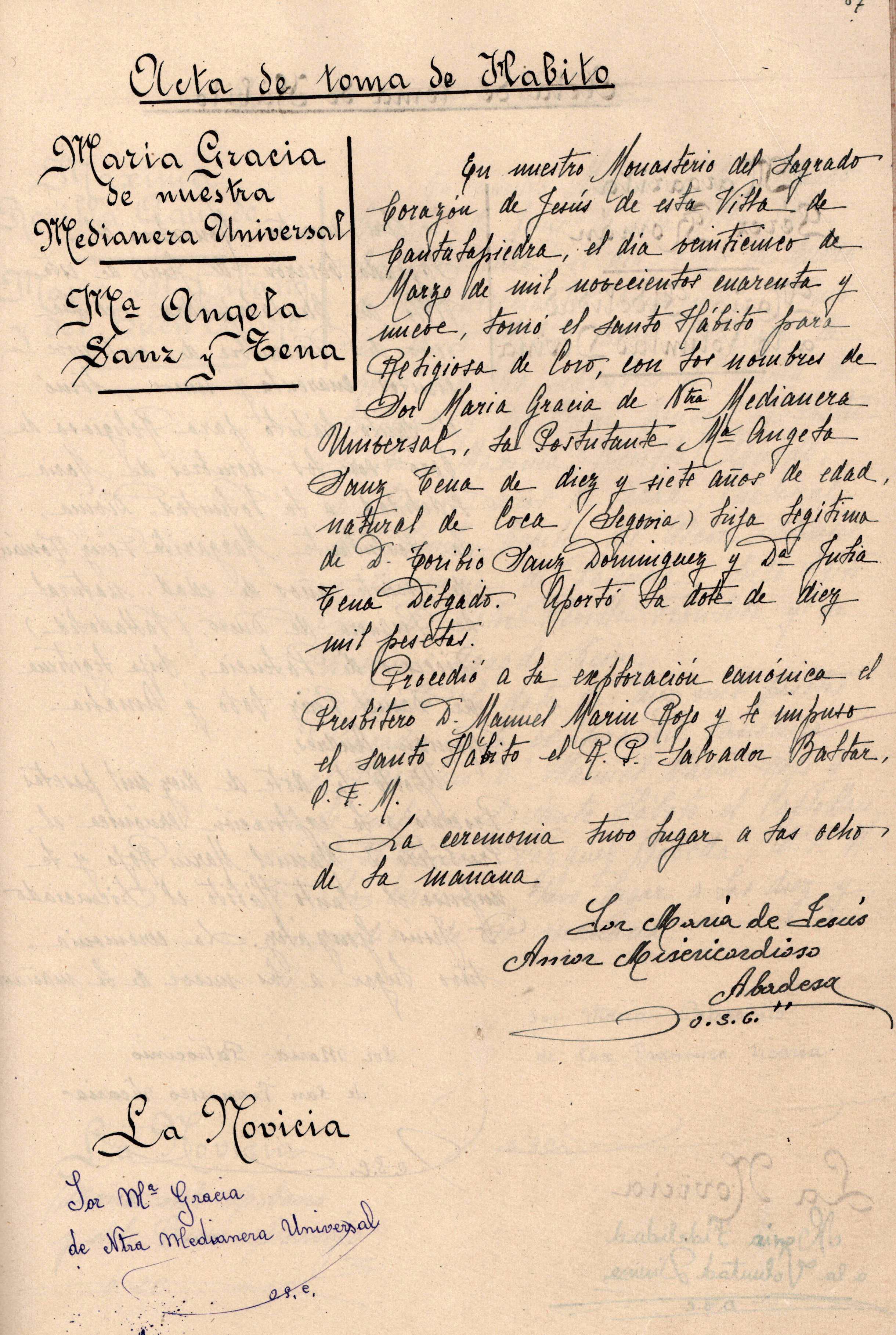 Acta de la Toma de Habito de Sor Maria Gracia de Nuestra Medianera Universal